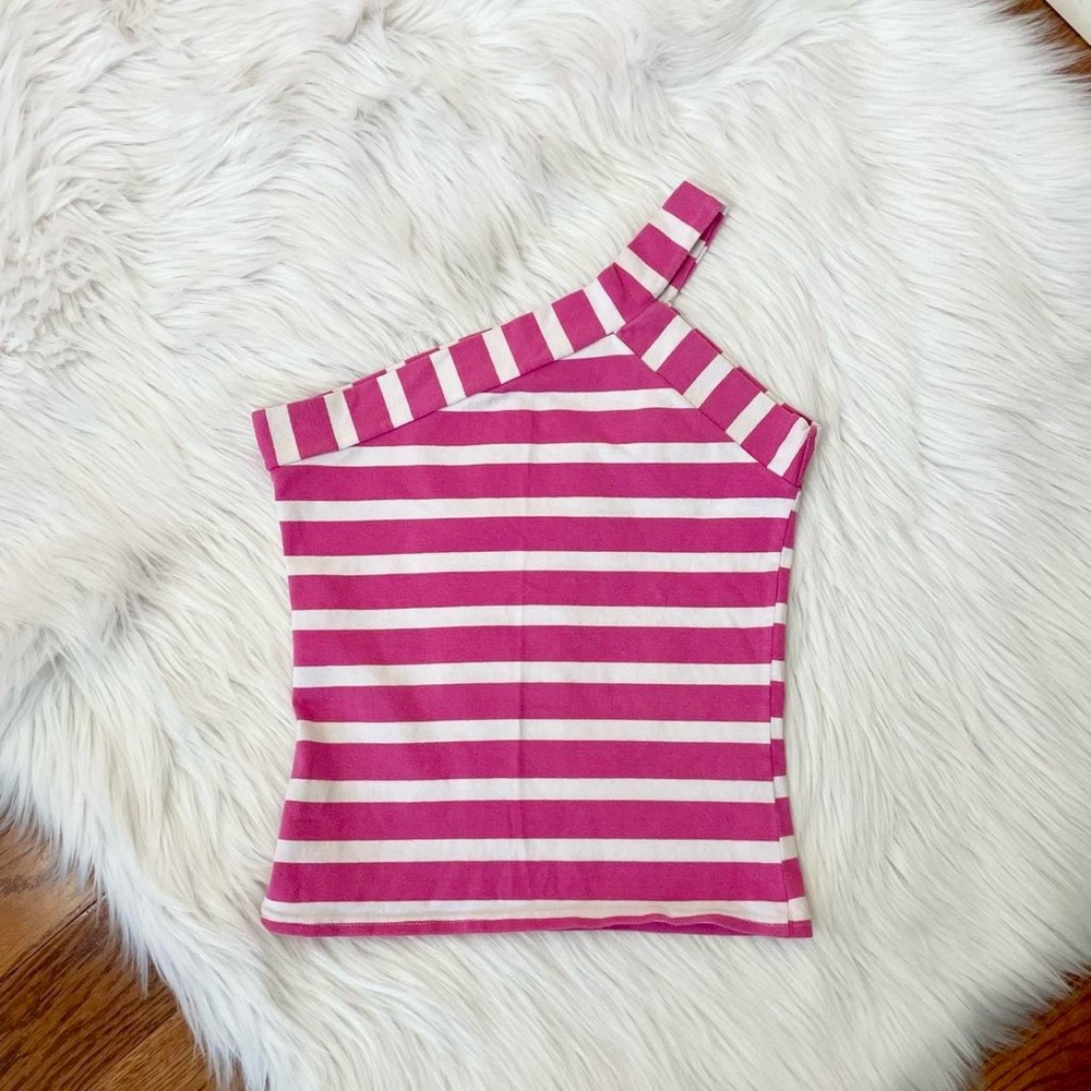 Vintage Y2K pink & white striped one shoulder top 💗 by Sushan